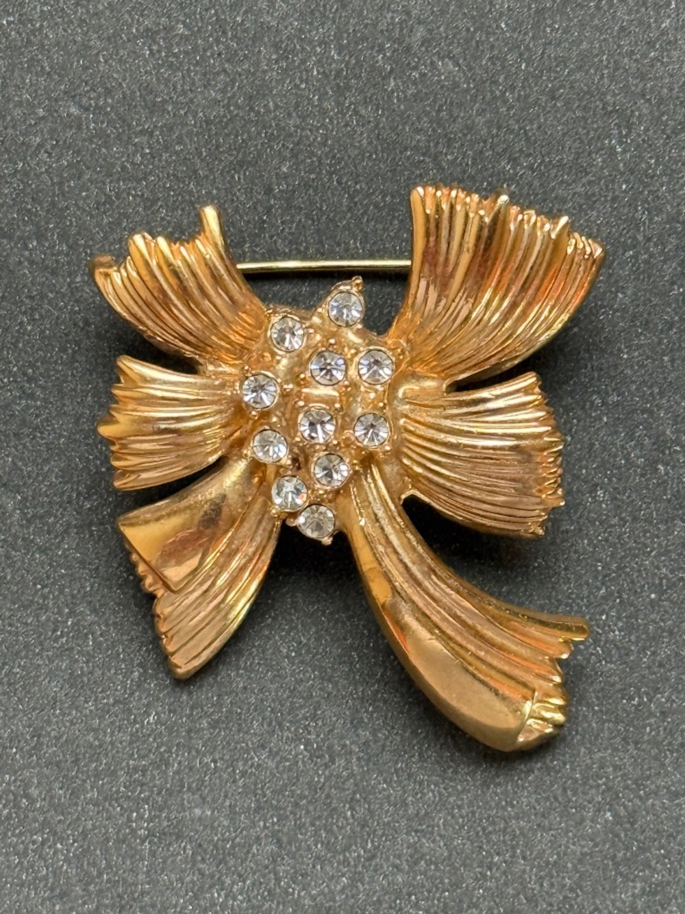 VINTAGE ROMAN Stylized Bow Brooch Clear Rhinestones